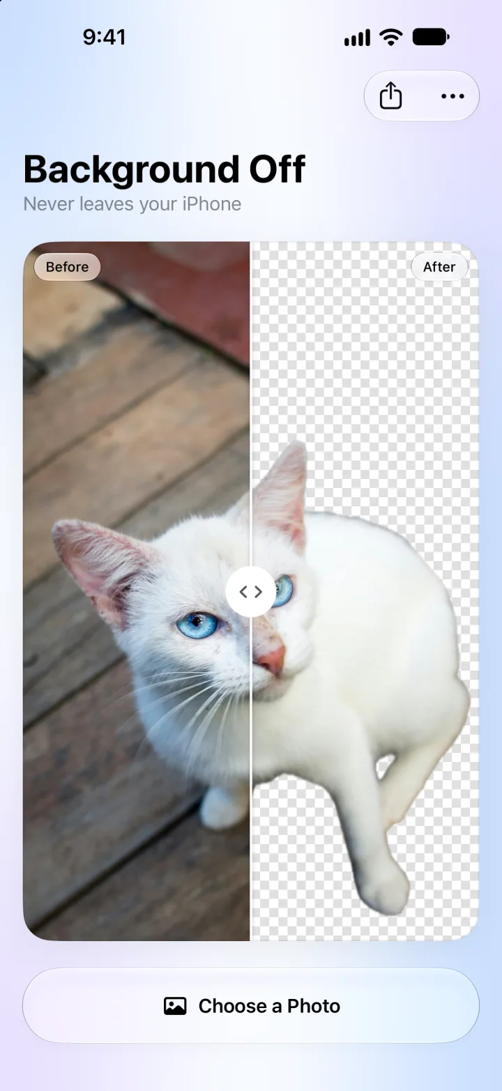 Background Off on iPhone: a white cat with the before and after slider across it