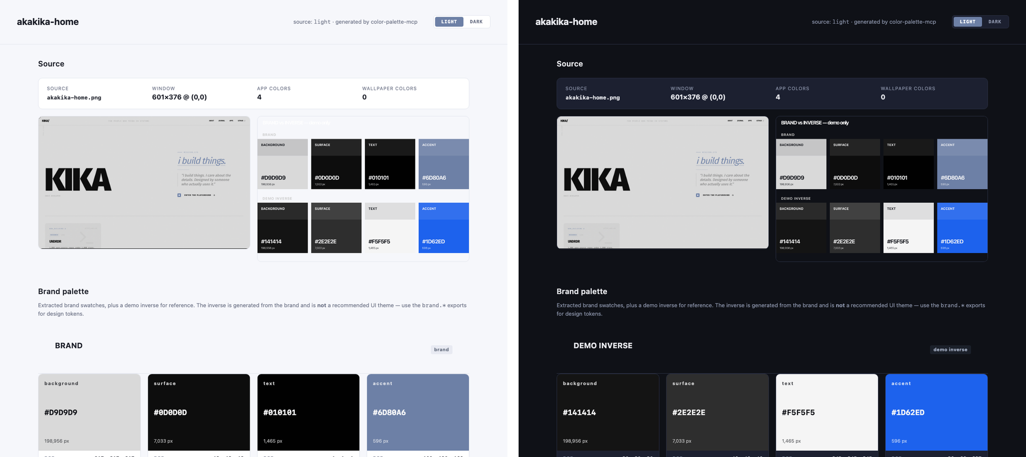 The color guide Color Palette Extractor builds, shown in light and dark, generated from a screenshot of akakika.com
