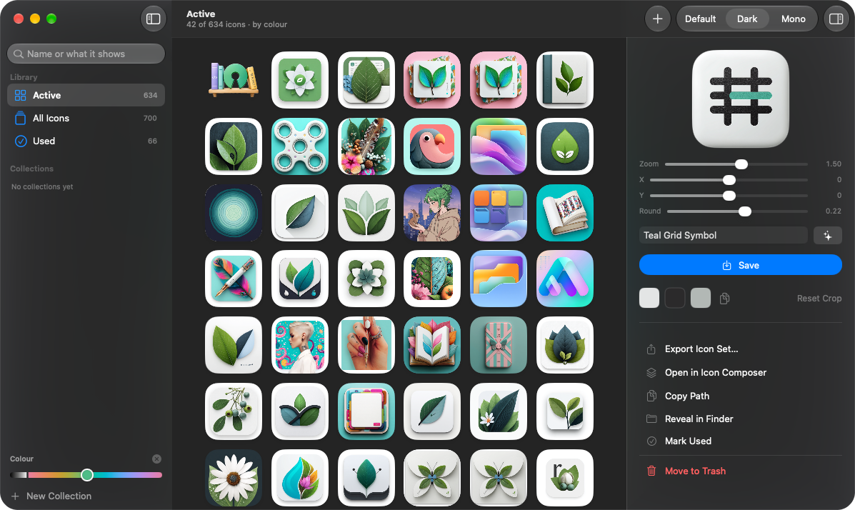 iconzzz in dark mode searching the library by colour: the slider on green finds 42 of 634 icons, mostly leaves