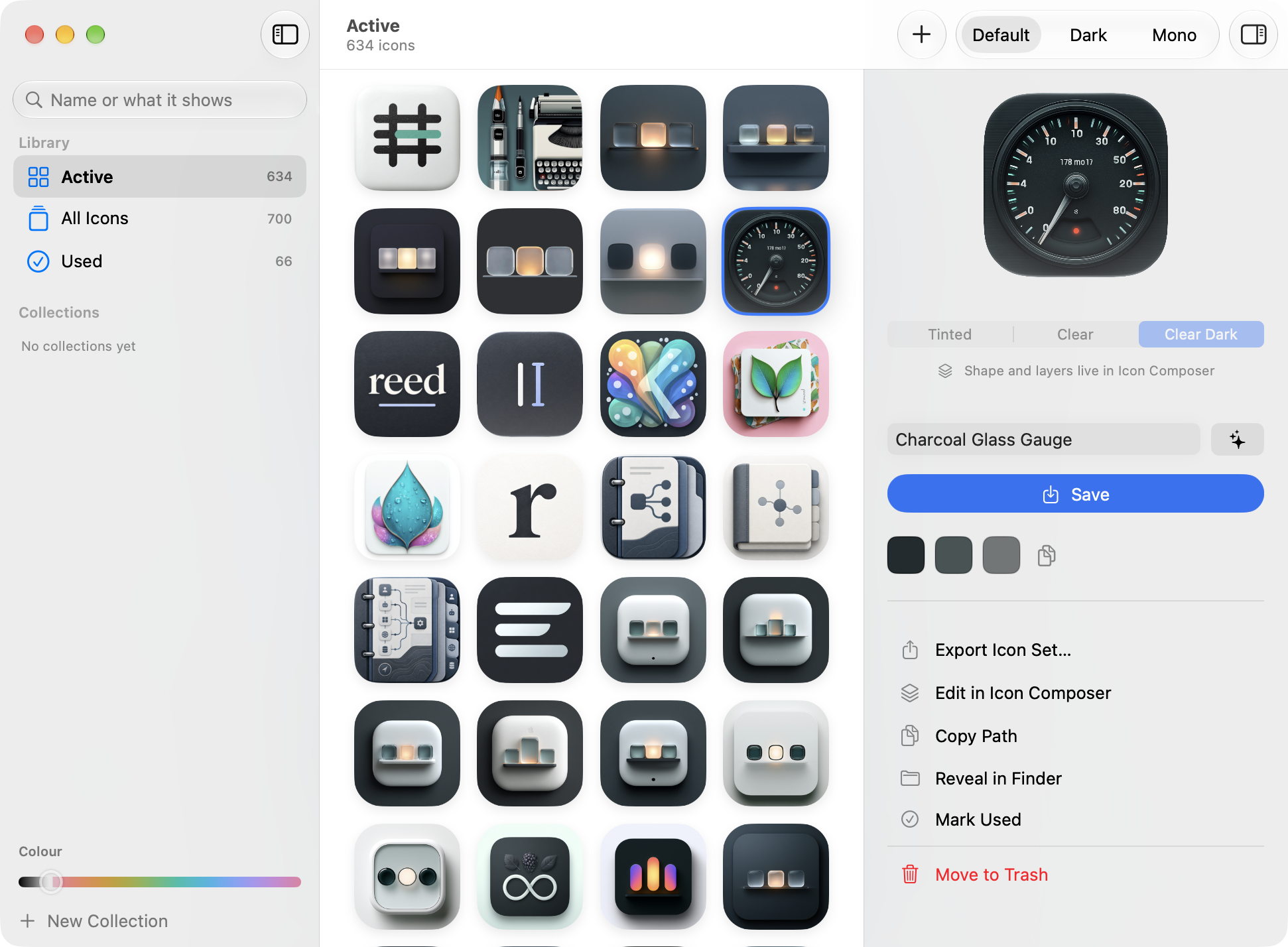 iconzzz main window in light mode: sidebar with Active, All Icons, Used and Collections, a grid of app icons, and the crop inspector