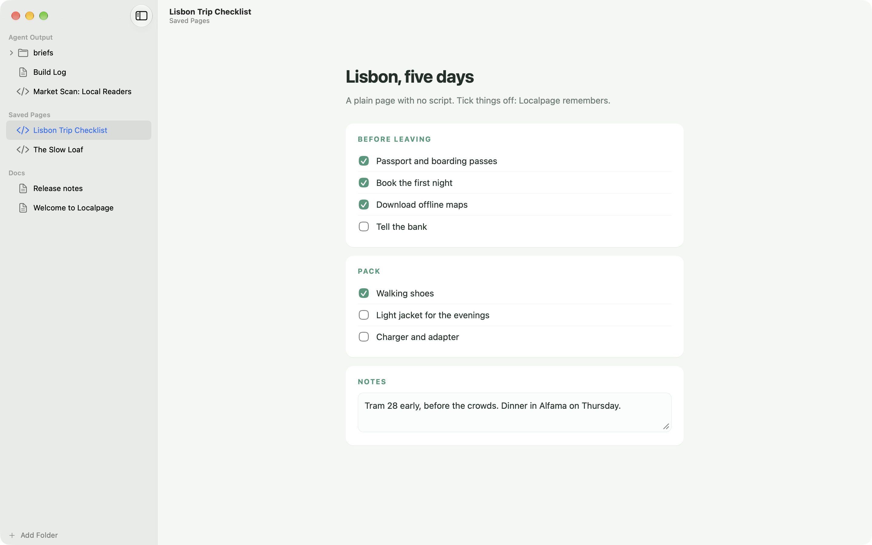 Localpage in the Paper theme: a saved trip checklist with ticked boxes and a note, remembered by Localpage