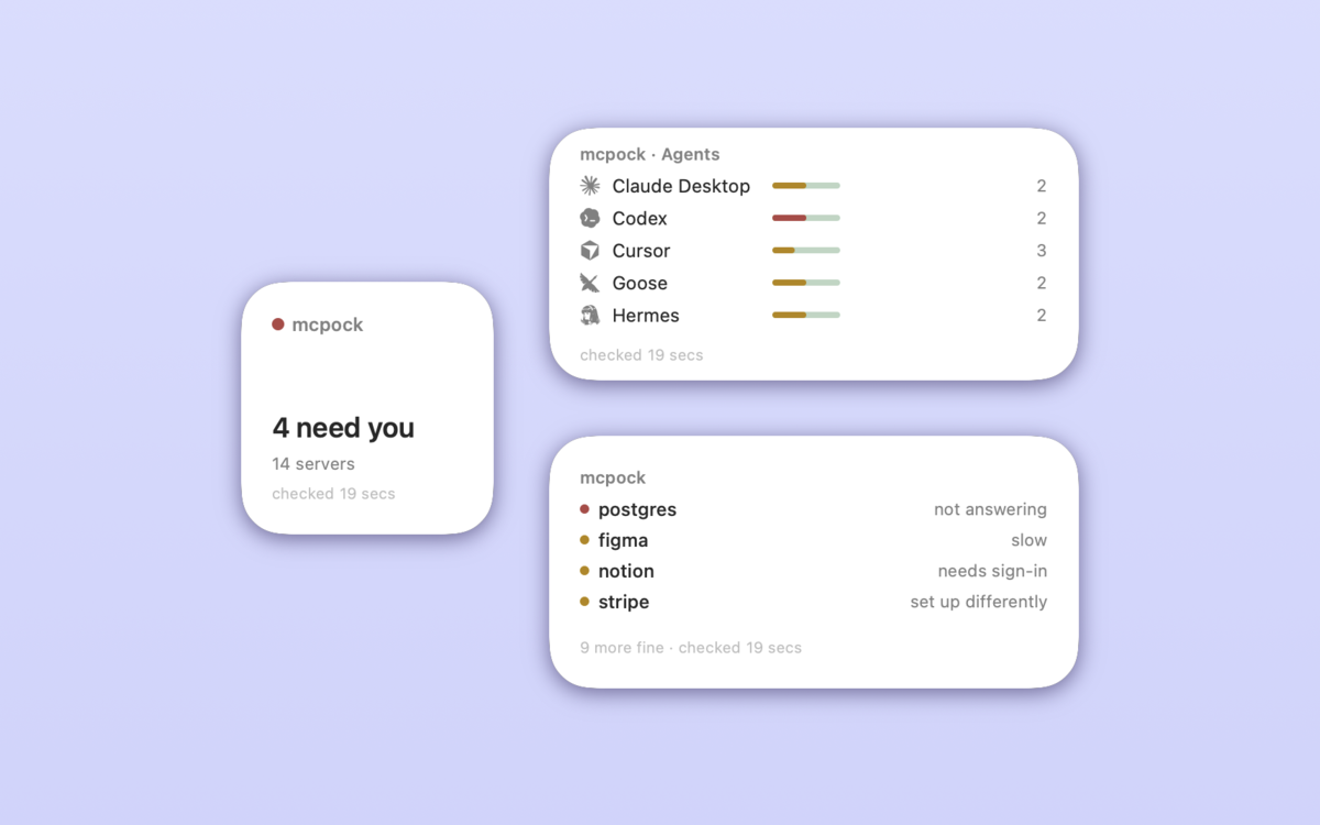 mcpock's three desktop widgets: Status, Agents and Problems