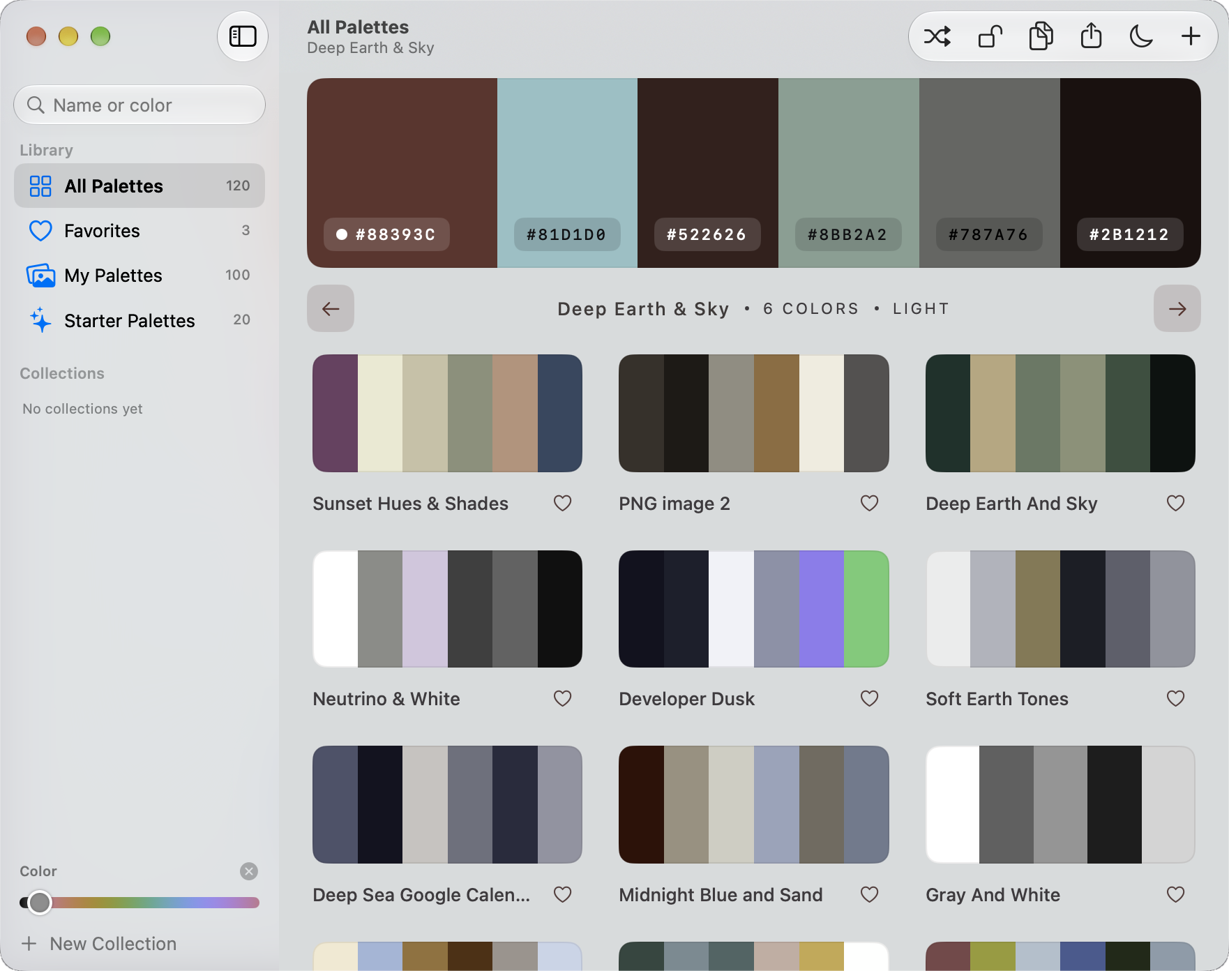 Pallet in light mode: the library sidebar, the selected palette on top, palette cards below, all tinted by the palette
