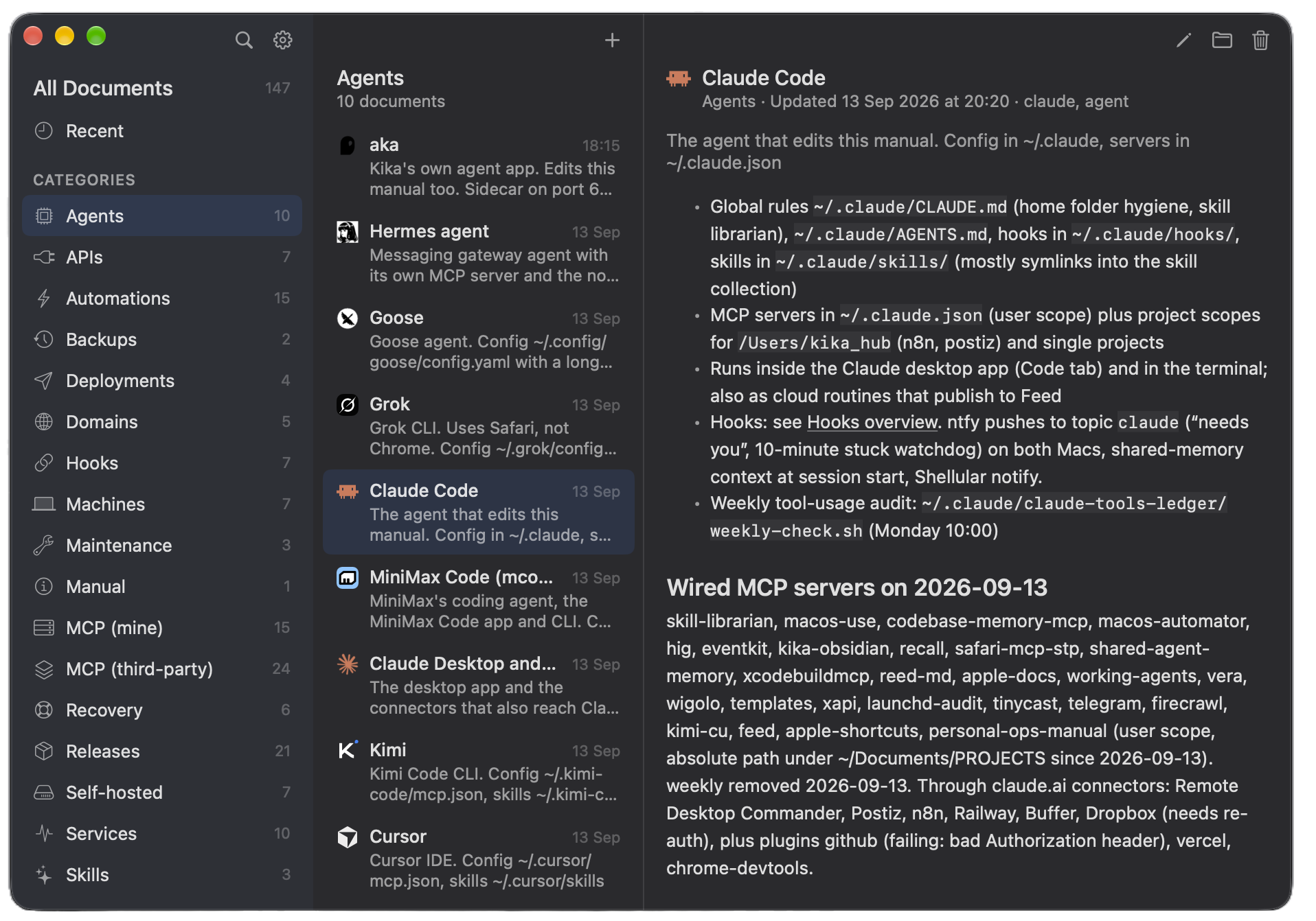 Personal Ops Manual, three columns: categories on the left, the Agents list in the middle, the Claude Code page open in the reader