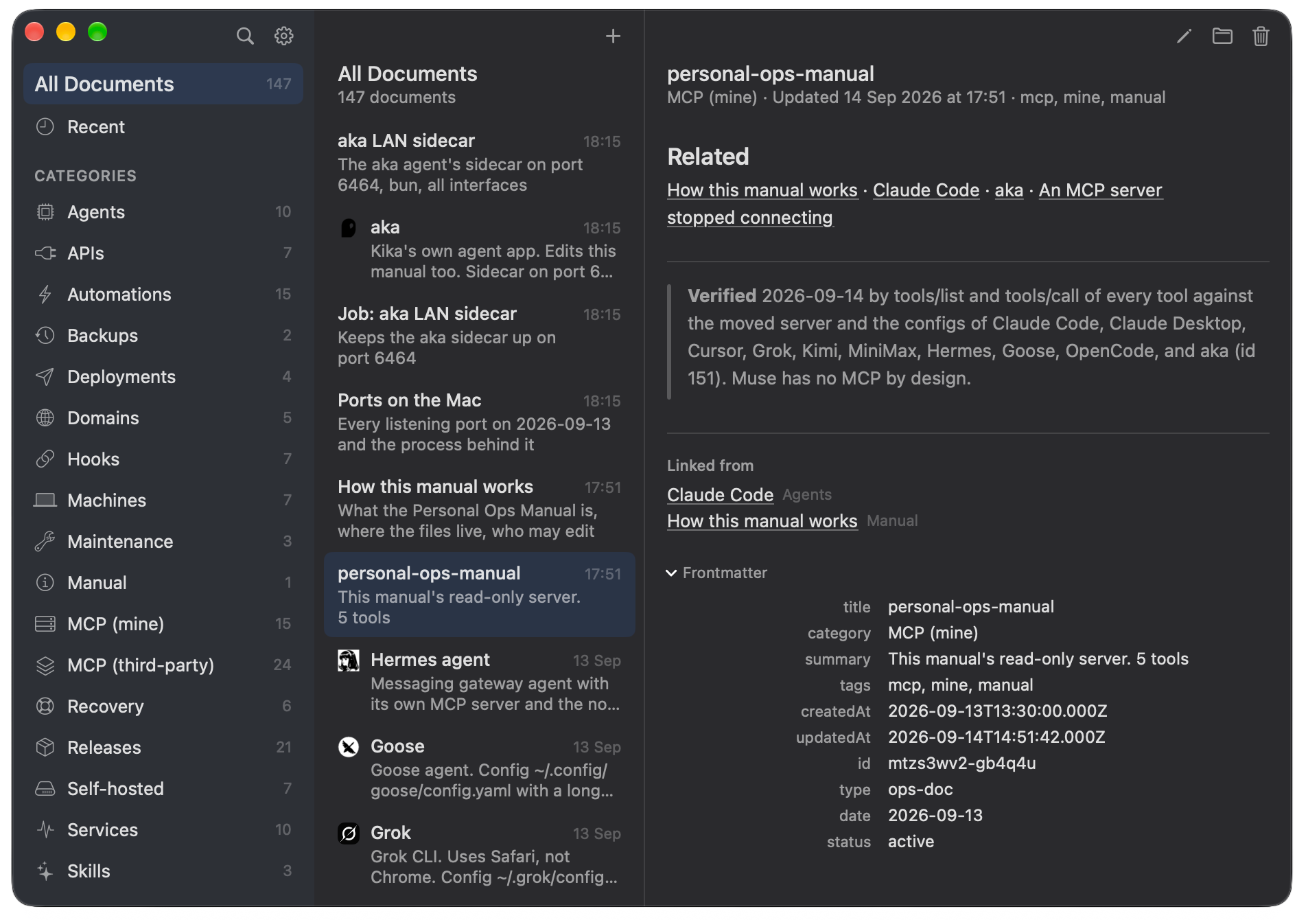 The Linked from list and the Frontmatter disclosure on a server page