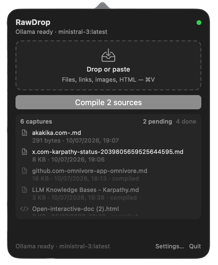 The same RawDrop popover in dark mode