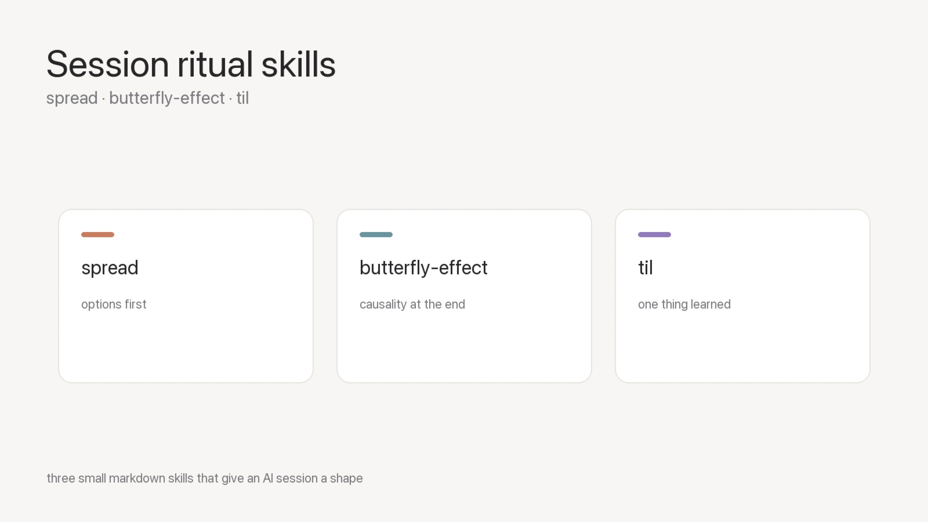 Three cards for the session ritual skills — spread, butterfly-effect, and til