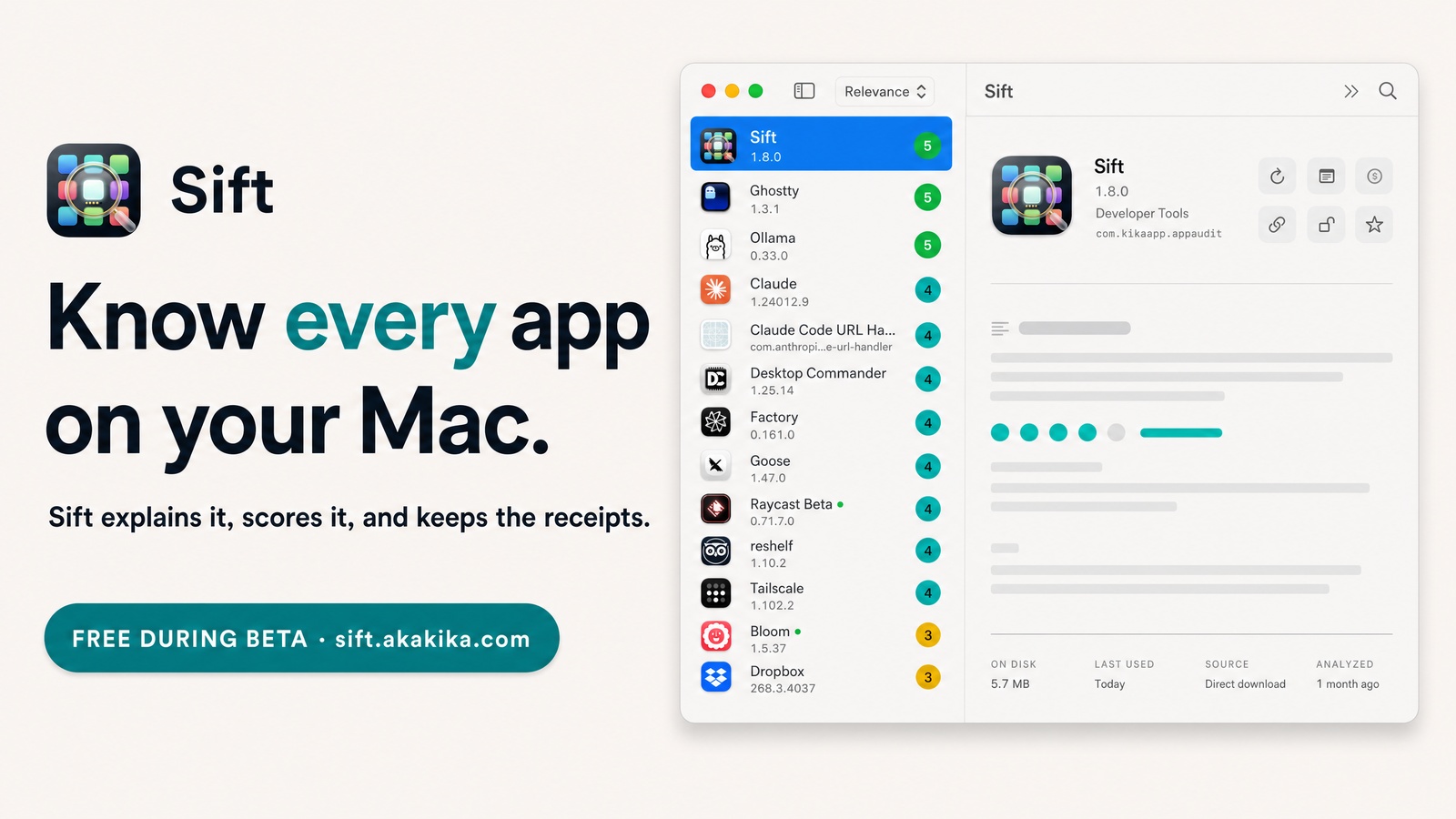 Sift's main window: a list of installed Mac apps with 1 to 5 relevance scores, and the detail panel for one app