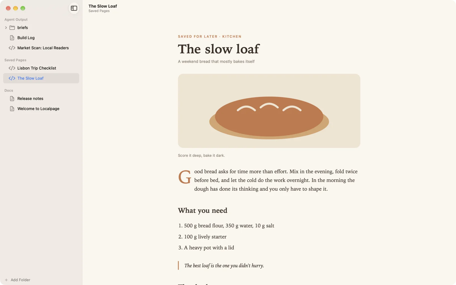 A saved recipe page shown with its own fonts, colors and illustration
