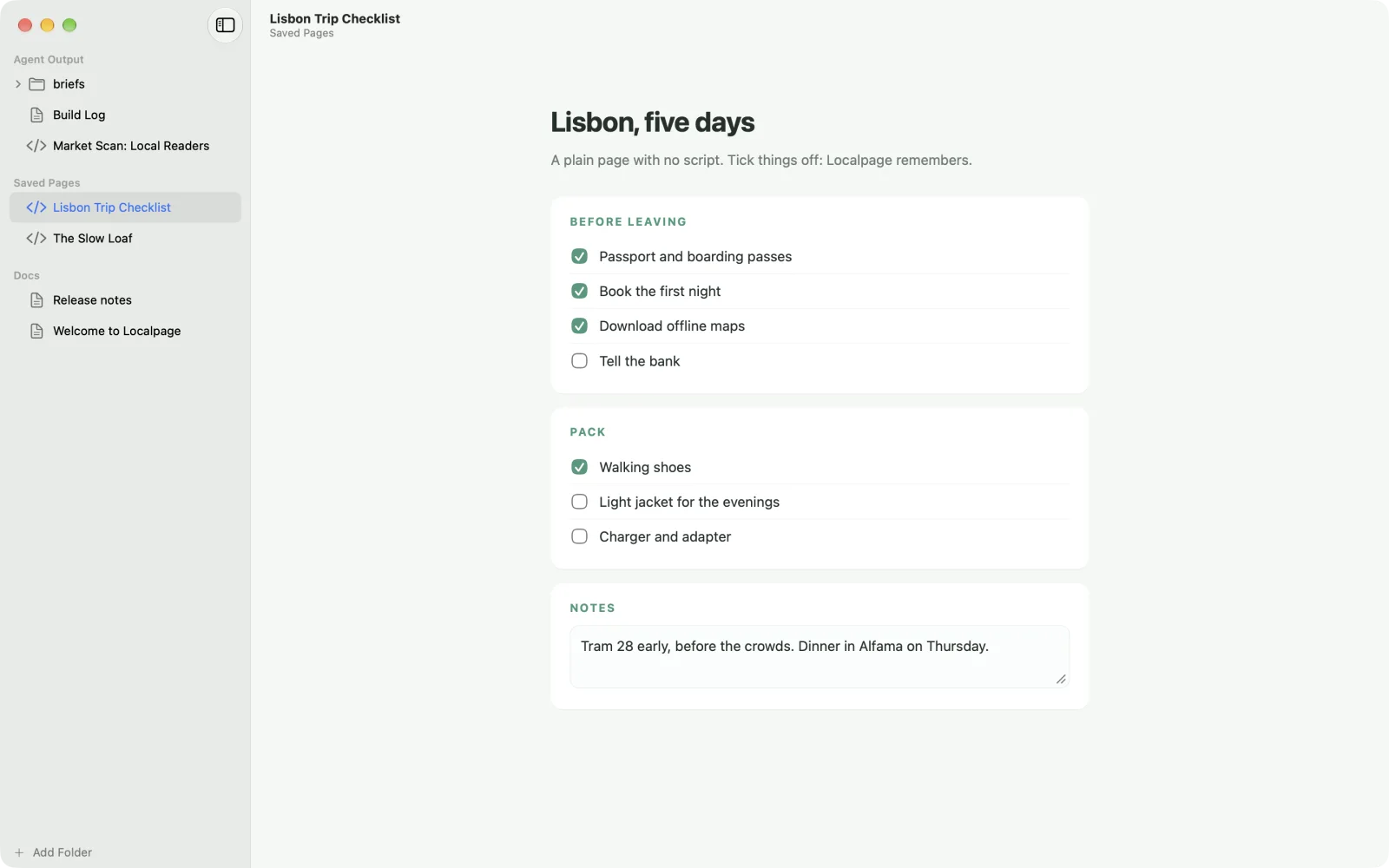 A trip checklist with ticked boxes and a note, remembered by Localpage