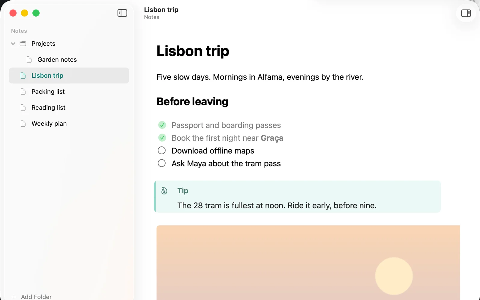 A trip note in Localpen with headings, ticked tasks and a Tip box, next to a sidebar of notes