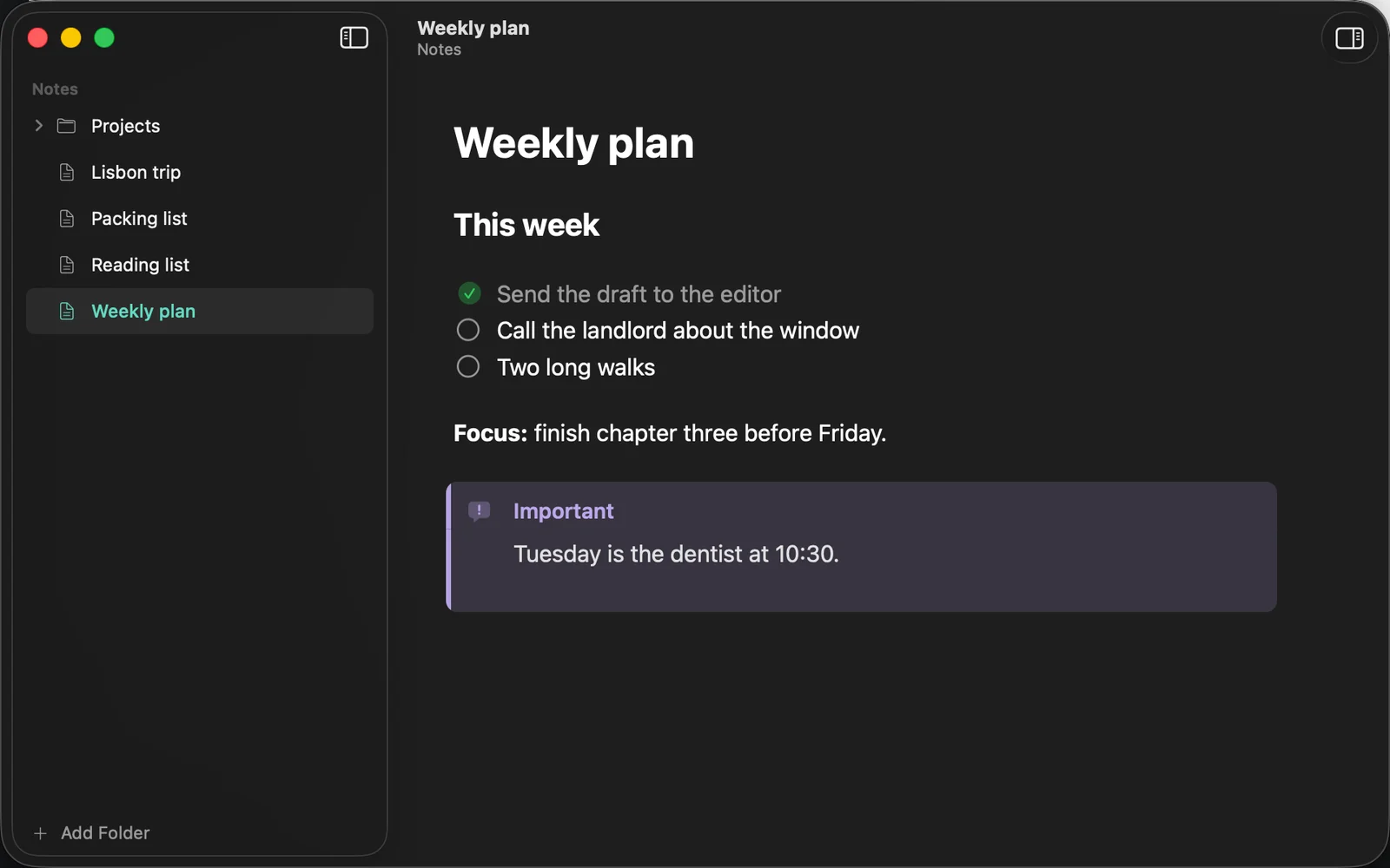 A weekly plan in the dark Ink theme with tasks and an Important box