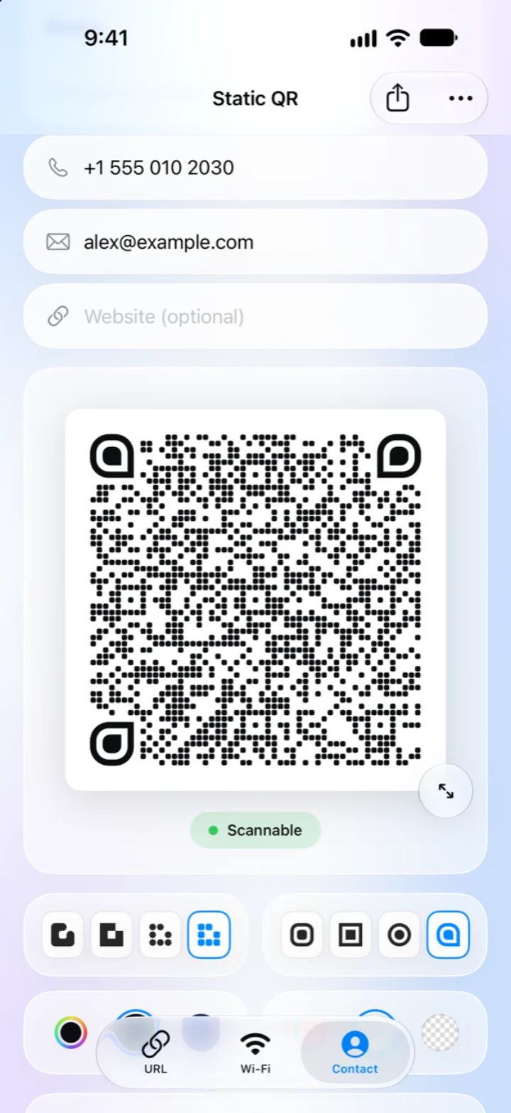 A contact card QR code with phone and email fields