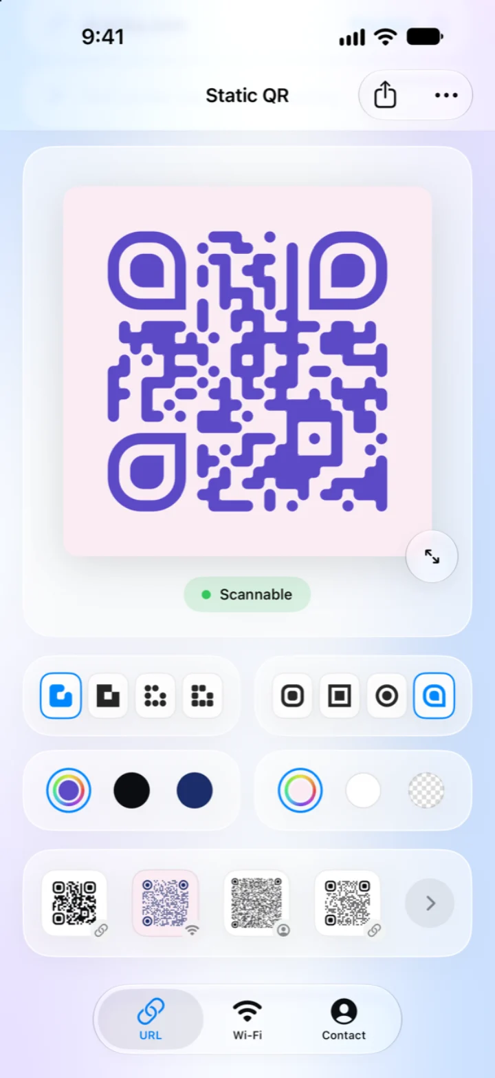 A purple QR code with rounded corners on a pink background, with the style options below