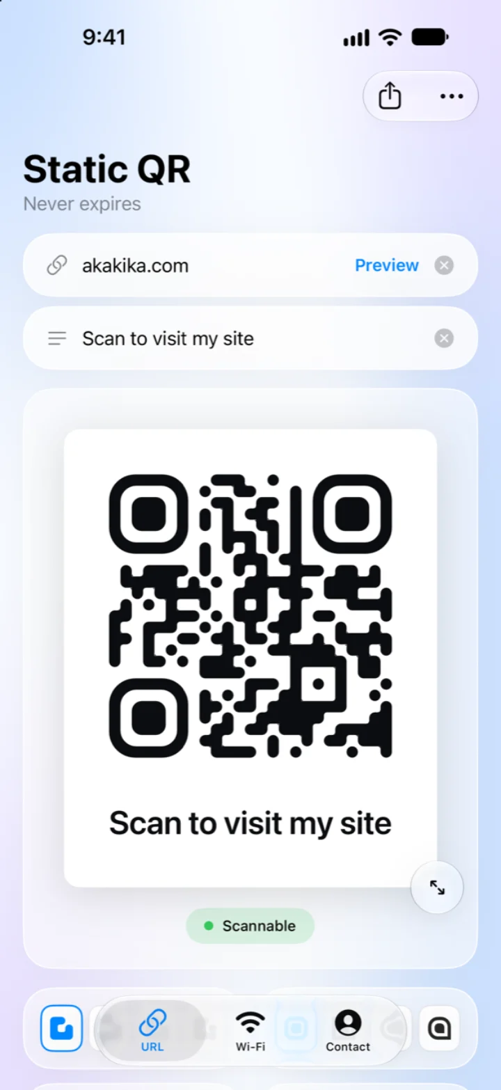 Static QR on iPhone: a QR code for a link, with the line Scan to visit my site under it