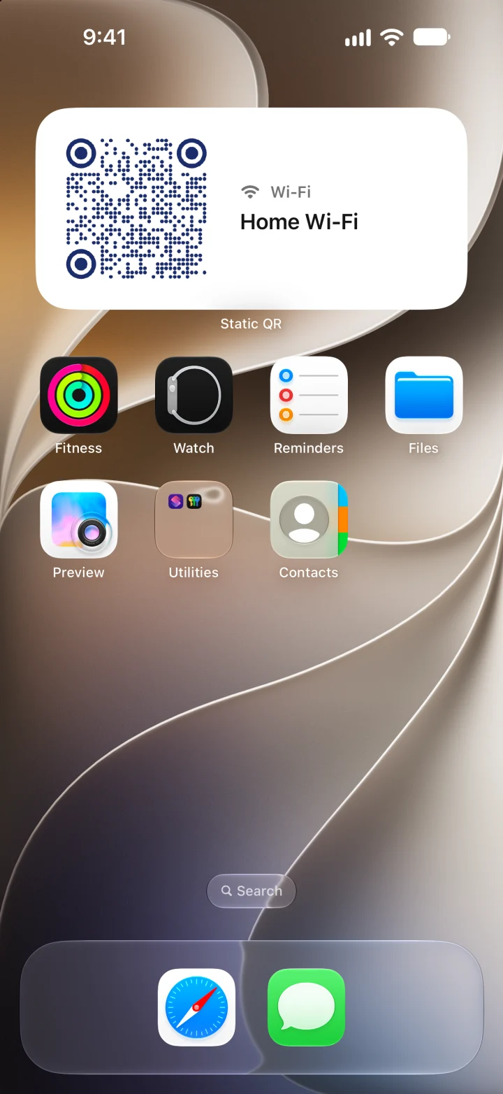 The Static QR widget on the iPhone Home Screen, showing a Home Wi-Fi code