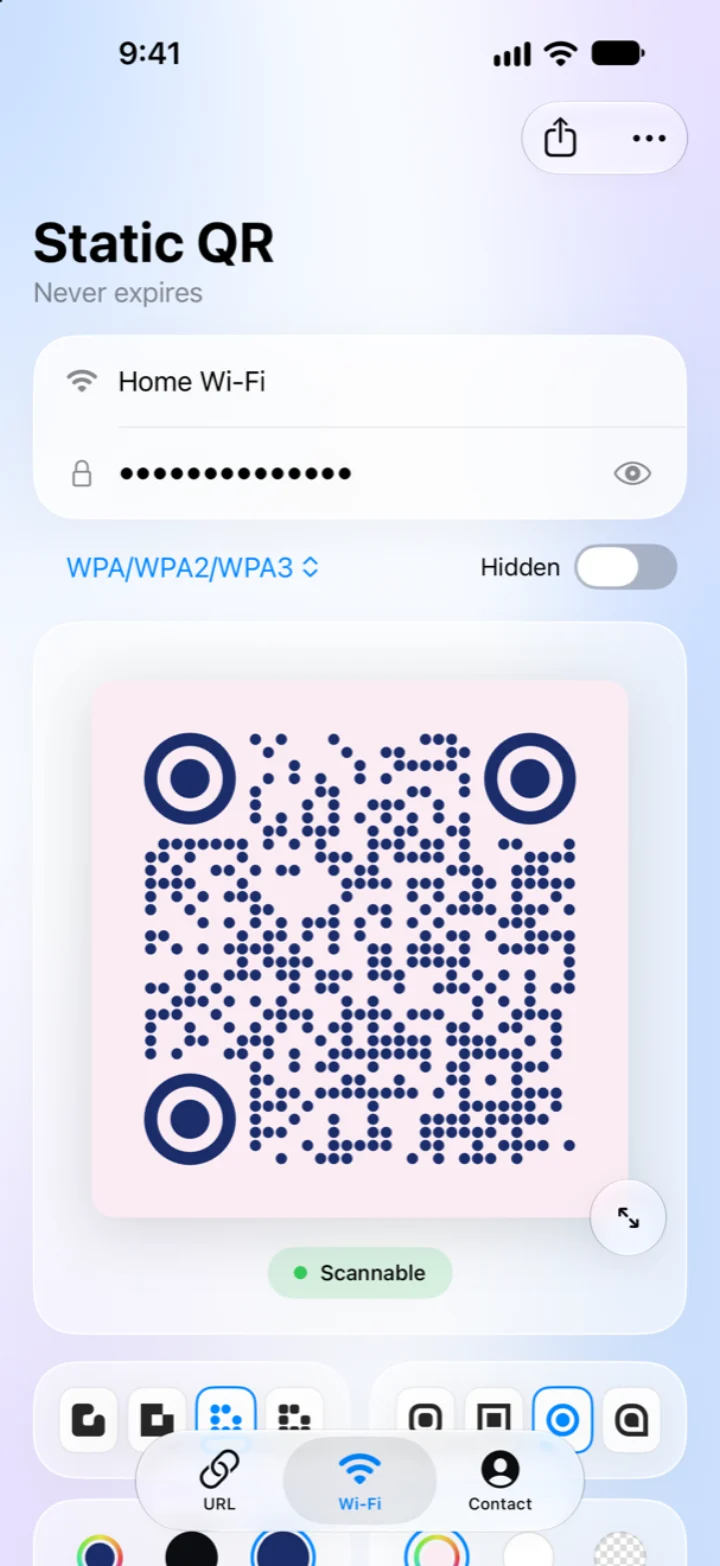 A Wi-Fi QR code with the network name and password above it